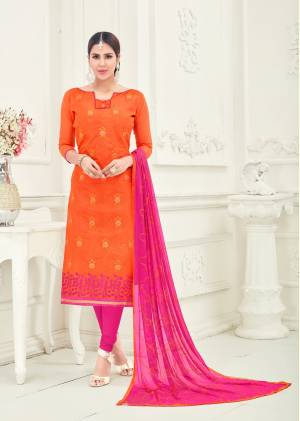 Looking For A Gorgeous Orange Suit? This Orange Colored Chanderi  Suit Is Just What You Need For The Day Events In The Upcoming Festive Season. The Colors Are Pastel And The Embroidery Pattern Is Classic. What More Do You Need. Grab It Now.