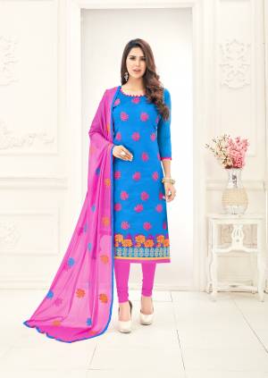 This Amazing  Suit Has Pink Colored Fancy Embroidery Pattern On All Over The Top.The Sky Blue Colored Top Is Fabricated In Chanderi, While The Bottom Is Made Of Cotton Fabric. The Pink Colored Chiffon Embroidered Dupatta. This Stylish Just For You.