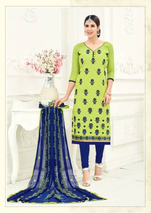 This Suit Is Quite Comfortable To Wear, The Subtle Pattern Make This Suit Look Even More Beautiful. This Suit Has A Navu Blue Colored Embroidery Pattern On The Suits.The Light Green Colored Top Is Fabricated In Chanderi, While The Bottom Is Made Of Cotton Fabric. The Chiffon Fabric Dupatta. This Lovely Suit For Your Stylish Lady.