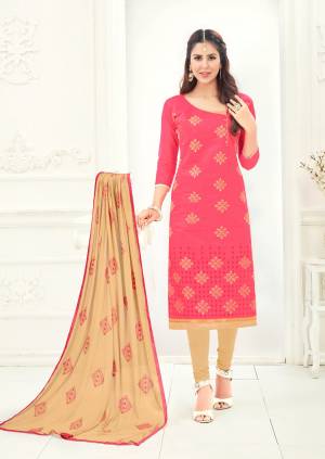 Looking For A Gorgeous Pink ? This Pink Colored Chanderi  Suit Is Just What You Need For The Day Events In The Upcoming Festive Season. The Colors Are Pastel And The Embroidery Pattern Is Classic. What More Do You Need. Grab It Now.
