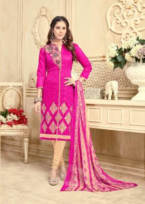 Grab This Lovely Dress Material In Pink Color Paired With  Beige Colored Bottom And Pink  Dupatta. Its Top And Bottom Are Fabricated On Chanderi  Cotton paired With Chiffon Dupatta.Buy This Dress Material Now.