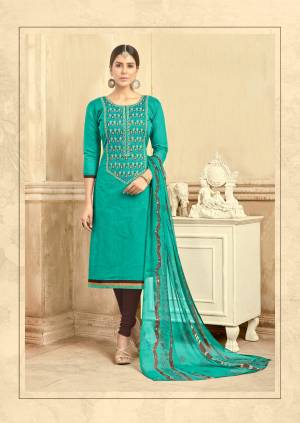 Look Like A Dream Wearing Suits. Made From Chanderi Cotton, This Dress Material Is Light In Weight And Perfect For Casual Wear.These Turquoise Blue And Brown Colored Lovely Suits Only For You.Buy Now.