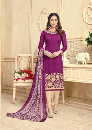 Grab This Lovely Dress Material In Purple Color Paired With  Beige Colored Bottom And Purple  Dupatta. Its Top And Bottom Are Fabricated On Chanderi  Cotton paired With Chiffon Dupatta.Buy This Dress Material Now.