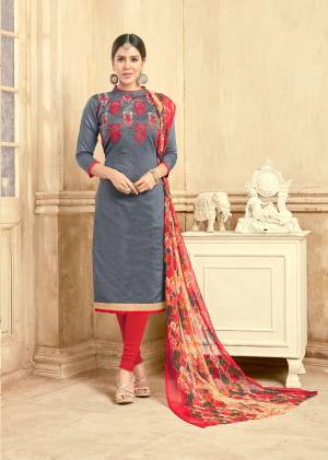 Look Like A Dream Wearing Suits. Made From Chanderi Cotton, This Dress Material Is Light In Weight And Perfect For Casual Wear.These Grey And Red Colored Lovely Suits Only For You.Buy Now.