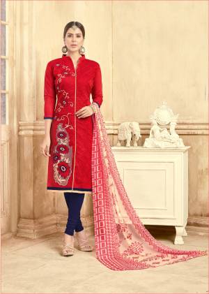 Grab This Lovely Dress Material In Red Color Paired With  Blue Colored Bottom And Red  Dupatta. Its Top And Bottom Are Fabricated On Chanderi  Cotton paired With Chiffon Dupatta.Buy This Dress Material Now.