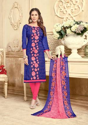 Look Like A Dream Wearing Suits. Made From Chanderi Cotton, This Dress Material Is Light In Weight And Perfect For Casual Wear.These Blue And Pink Colored Lovely Suits Only For You.Buy Now.