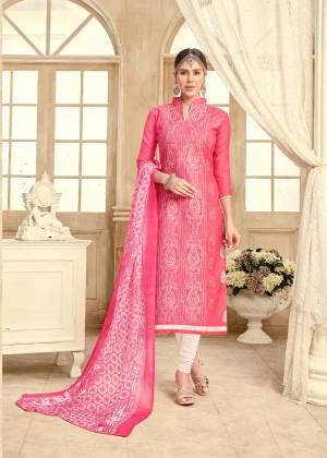 Grab This Lovely Dress Material In  Pink Color Paired With  Blue Colored Bottom And Pink Dupatta. Its Top And Bottom Are Fabricated On Chanderi  Cotton paired With Chiffon Dupatta.Buy This Dress Material Now.