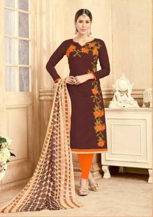 Look Like A Dream Wearing Suits. Made From Chanderi Cotton, This Dress Material Is Light In Weight And Perfect For Casual Wear.These Brown And Orange Colored Lovely Suits Only For You.Buy Now.