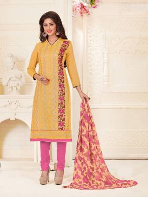 Look Pretty In This Yellow Colored Suit Paired With Pink Colored Bottom And Dupatta. This Dress Material Is Fabricated On Chanderi Cotton Paired With Cotton Bottom And Chiffon Dupatta. Buy This Lovely Collection Now.