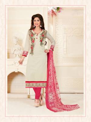 Shine Bright With This Beige ANd White  Colored Suit Paired With Pink Colored Bottom And Dupatta. Make This Dress Material  As Per Your Size And Comfort. Its Top Are Made From Chanderi Cotton And Bottom Are Cotton Paired With Chiffon Dupatta. Buy It Now.
