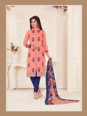 Bright And Visually Appealing, Grab This Dusty Pink Colored Suit Paired With  Blue Colored Bottom And Multi Colored Dupatta. This Dress Material Is Fabricated On Chanderi Cotton Paired With Cotton Bottom And Chiffon Dupatta. Get This Amazing Collection Now.