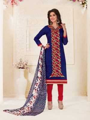 New and Unique, Here Is Blue Colored Suit Paired With Contrasting Red Colored Bottom And Multi Color Dupatta. This Top And Bottom Are Fabricated On Cotton Satin And Dupatta In Chiffon. Both The Fabrics Ensures Great Comfort All Day Long. Buy This Suit Now.