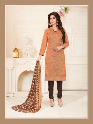 Bright And Visually Appealing, Grab This Light Orange Colored Suit Paired With Brown Colored Bottom And Multi Colored Dupatta. This Suit Is Fabricated On Chanderi  Cotton Paired Cotton Bottom And Chiffon Dupatta. Get This Lovely Suit Now.