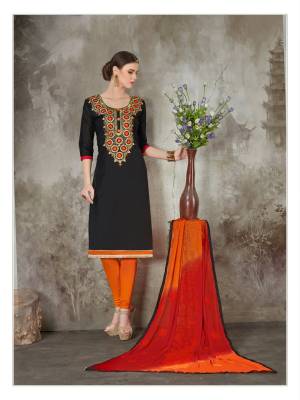 Every Womens Favourite Color Is Here. Grab This Black Colored Suit Paired With Orange Colored Bottom And Dupatta. It Is Fabricated On Chanderi  Cotton With Cotton Bottom And Nazneen Dupatta. Also It Is Beautified With  Thread Embroidery Work. Buy This Attractive Suit Now.