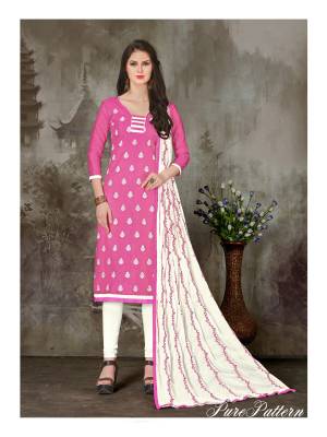 Here With A New Patterned Dress Material Suit Is Here In Pink  Color Paired With White Bottom Dupatta. This Suit Is Fabricated On Chanderi Cotton Paired With Cotton Bottom And Nazneen  Dupatta. Buy This Suit Now.