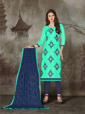 Earn Lots Of Compliments Wearing This Pretty Sea Green Colored Dress Material Paired With Blue Colored Bottom And Blue Colored Dupatta. This Pretty Suit Is Fabricated On Chanderi Cotton Paired With Cotton Bottom And NazneenDupatta. Get This Stitched As Per Your Desired Fit And Comfort. Buy It Now.
