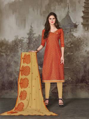 Look Beautiful In This Orange Rust Colored Suit Paired With Beige Colored Bottom And Dupatta. This Suit Is Fabricated On Chanderi Cotton Paired With Cotton Bottom And Nazneen  Dupatta.  Buy This Suit Now.