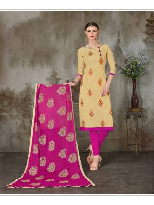 Simple Yet Elegant, This Beautiful Beige Colored Suit Paired With Pink Colored Bottom And Dupatta. Get This Dress Material Suit Tailored As Per Your Desired Fit And Comfort. Buy This Suit Now.