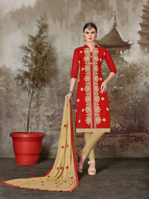 Grab The  Favourite Collection With This Red Colored Suit Paired With Beige  Colored Bottom And Dupatta. This Suit Is Fabricated On Chanderi Cotton Paired With Cotton  Bottom And Nazneen Dupatta. Buy This Suit Now.