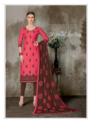 Summer Is All About Sorbet Shades And Subtle Colors. Grab This Pink Colored Suit Paired With Contratsing Brown Colored Bottom And Brown Colored Dupatta. This Dress Material  Suit Is Fabricated On Chanderi Cotton  Paired With SCotton  Bottom And Nazneen Dupatta. All The Fabrics Ensures Superb Comfort All Day Long. 