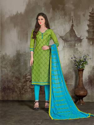 Add This New Color To Your Wardrobe. This Pretty Green Colored Top Paired With Aqua Blue Colored Bottom And Dupatta. Its Chanderi Cotton Fabricated Top Is Beuatified With Embroidery And Paired With Cotton  Bottom And Nazneen Dupatta. Buy This Suit Now.