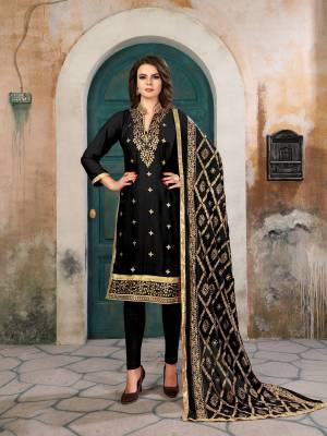 Enhance  Your Beauty Wearing This Semi-Stitched Suit Wearing This Suit In Black Color Paired With Black Colored Paired With Black Colored Bottom And Dupatta. Its Top Is Fabricated On Georgette Paired With Santoon Bottom And Chiffon Dupatta. It Has Heavy Jari Embroidery Over The Top And Dupatta. Buy Now.