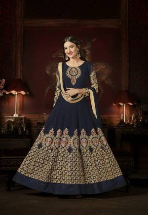For A Rich And Elegant Personality, Grab This Designr Floor Length Suit In Navy Blue Colored Top Paired With Navy Blue Colored Bottom And Dupatta. Its Top Is Fabricated On Georgette Paired With Santoon Bottom And Chiffon Dupatta. It Is Beautified With Detailed Embroidery Over The Top. Buy Now.