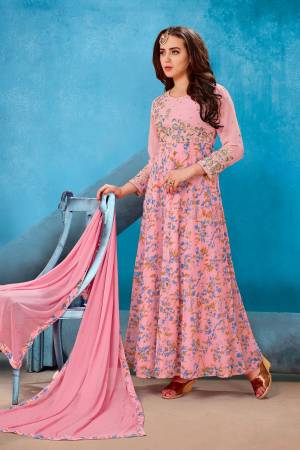Look Pretty Wearing This Designer Semi-Stitched Suit In Light Pink Colored Top Paired With Light Pink Colored Bottom And Dupatta. Its Top Is Fabricated On Georgette Paired With Santoon Bottom And Chiffon Dupatta. It Is Beautified With Contrasting Colored Prints And Embroidery. Buy Now.