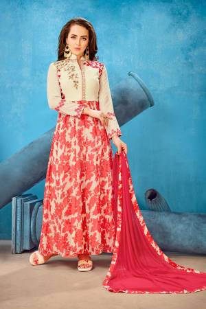 Rich And Elegant Looking Suit In Here In Cream And Red Color Paired With Cream Colored Bottom And Red Colored Dupatta. Its Top Is Fabricated On Georgette Paired With Santoon Bottom And Chiffon Dupatta. Its All Three Fabrics Are Soft Towards Skin And Easy To Carry All day Long.
