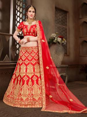 Grab This Beautiful Heavy Designer Lehenga For The Upcoming Wedding Season. This Bright And Appealing Red Colored Lehenga Choli Paired With Red Colored Dupatta Will Make You Earn Lots Of Compliments From Onlookers. Its Blouse And Lehenga Are Fabricated On Art Silk Paired With Net Fabricated Dupatta. Its Has Heavy Jari Embroidery All Over It. Buy This Designer Lehenga Choli Now.