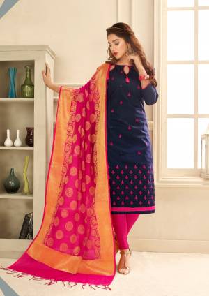 Shine Bright With This Dress Material In Navy Blue Colored Top Paired With Contrasting Pink Colored Bottom And Dupatta. Its Top Is Fabricated On Glace Cotton Paired With Cotton Bottom And Banarasi Art Silk. Its Fabric Will Give a Rich Look To Your Personality. Buy Now.