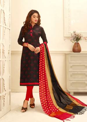 Enhance Your Beauty Wearing This Straight Cut Suit In Black Colored Top Paired With Red Colored Bottom And Red & Black Dupatta. Its Top Is Fabricated On Glace Cotton Paired With This Cotton Bottom And Banarasi Art Silk Dupatta. Buy This Dress Material Now.