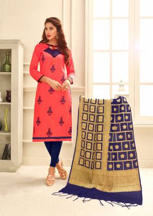 Add This Dress Material To Your Wardrobe And Get This Stitched As Per Your Desired Fit And Comfort. Its Top Is In Pink Color Paired With Contrasting Navy Blue Colored Bottom And Dupatta. Its Top Is Fabricated On Glace Cotton Paired With Cotton Bottom And Banarasi Art Silk Dupatta. Buy Now.