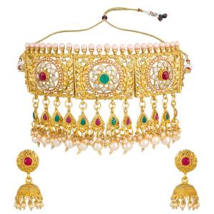 Here Is A Lovely Choker Necklace Set In Golden Color. This Necklace Can Pe Paired With Any Colored Traditonal Attire And Preferably With Deep Necklines For An Elegant Look.