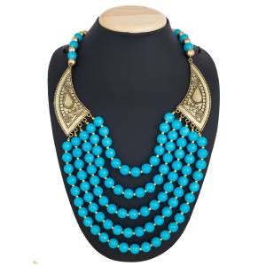 Give An Elegant Look To Your Neckline With This Beautiful Multiple Layered Necklace Set Beautified With Blue Colored Motis.