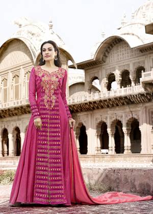 Grab This Designer Floor Length Suit Fot The Upcoming Festive Season With This Pretty Floor Length Suit In Magenta Pink Colored Top Paired With Magenta Pink Colored Bottom And Pink Colored Dupatta. Its Top Is Fabricated On Satin Cotton Paired With Santoon Bottom And Chiffon Dupatta. Buy This Suit Now.