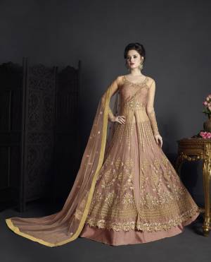 Add This Beautiful New Pastel Shade To Your Wardroobe With This Designer Suit In Pastel Brown Color Paired With Pastel Brown Colored Bottom And Dupatta. Its Top Is Fabricated On Net Paired With Art Silk Bottom And Net Dupatta. It Is Beautified With Heavy Deatiled Embroidery Which Will Definitely Earn You Lots Of Compliments From Onlookers.