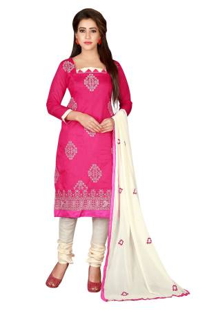 Look Pretty In This Simple Suit In Pink Colored Top Paired With White Colored Bottom And Dupatta. This Dress Material Is Fabricated On Chanderi Cotton Paired With Santoon Bottom And Chiffon Dupatta. Buy It Now.
