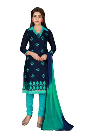 If Those Readymade Suit Does Not Lend You The Desired Comfort Than Grab This Dress Material In Navy Blue Color Paired With Turquoise Blue Colored Bottom And Shaded Blue Colored Dupatta. Its Top Is Fabricated On Chanderi Cotton Paired With Santoon Bottom And Chiffon Dupatta. Get This Stitched As Per Your Desired Fit And Comfort.