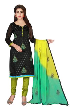 New Colors Are Here With This Dress Material In Black Colored Top Paired With Pear Green Colored Bottom And Shaded Green Colored Dupatta. Its Top Is Fabricated On Chanderi Cotton Paired With Santoon Bottom And Chiffon Dupatta. It Is Light Weight And Soft Towards Skin Which Ensures Superb Comfort All Day Long.