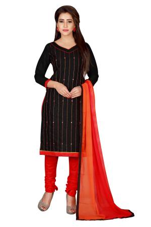 For A Bold And Beautiful Look, Grab This Dress Material In Black Colored Top Paired With Red Colored Bottom And Dupatta. Its Top IS Fabricated On chanderi Cotton Paired With Santoon bottom And Chiffon Dupatta. Buy This Soon.