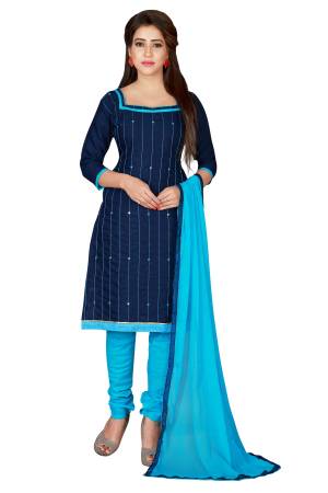 Go With This Shades Of Blue With This Dress Material In Navy Blue Colored Top Paired With Blue Colored Bottom And Dupatta. Its Top Is Fabricated On Chanderi Cotton Paired With Santoon Bottom And Chiffon Dupatta. Buy This Soon And Get This Stitched As Per Your Desired Fit And Comfort.
