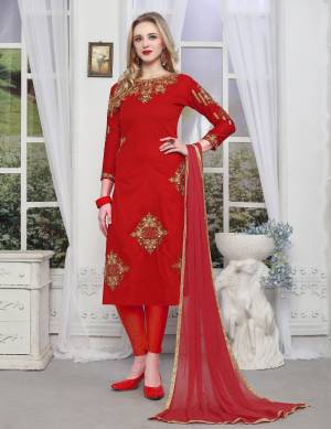Adorn The Angelic Look Wearing This Designer Straight Cut Suit In Red Color Paired With Red Colored Bottom And Dupatta. Its Top Is Fabricated On Cambric Cotton Paired With Cotton Bottom And Chiffon Dupatta. It Is Beautified With Embroidery Making The Suit More Attractive. Buy This Dress Material Now.