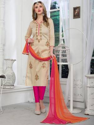 Simple and Elegant Looking Dress Material Is Here In Beige Colored Top Paired With Contrasting Pink Colored Bottom And Pink And Orange Colored Dupatta. Its Top Is Fabricated On Cambric Cotton Paired With Cotton Bottom And Chiffon Dupatta. Buy This Dress Material Now.