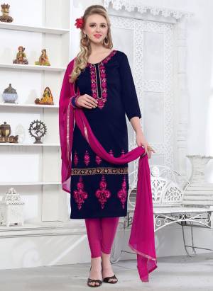 For A Bold And Beautiful Look, Grab This Dress Material In Navy Blue Colored Top Paired With Contrasting Magenta Pink Colored Bottom And Dupatta. Its Top Is Fabricated On Cambric Cotton Paired With Cotton Bottom And Chiffon Dupatta. Get This Stitched As Per Your Desired Fit And Comfort.