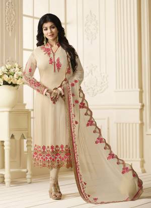 Simple And Elegant Looking Suit Is Here , Grab This Semi-Stitched Suit In Off-White Color Paired With Off-White Colored Bottom And Dupatta. Its Top Is Fabricated On Georgette Paired With Santoon Bottom And Chiffon Dupatta. Buy This Straight Cut Suit Now.