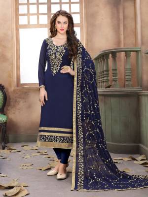 Enhance Your Personality Wearing This Designer Straight Cut Suit In Navy Blue Color Paired With Navy Blue Colored Bottom And Dupatta. Its Top Is Fabricated On Georgette Paired With Santoon Bottom And Chiffon Dupatta. It Is Beautified With Embroidery Over The Top And Dupatta. Buy Now.