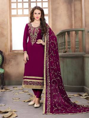 New And Unique Shade Is Here With This Designer Straight Cut Suit In Wine Color Paired With Wine Colored Bottom And Dupatta. Its Top Is Fabricated On Georgette Paired With Santoon Bottom And Chiffon Dupatta. Buy It Now.