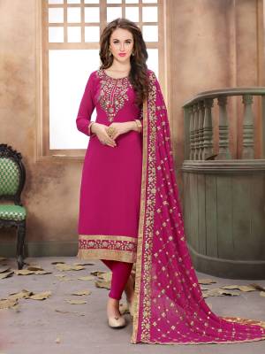 ShineBright In This Designer Straight Cut Suit In Dark Pink Color Paired With Dark Pink Colored Bottom And Dupatta. Its Top Is Fabricated On Georgette Paired With Santoon Bottom And Chiffon Dupatta. Buy This Semi-Stitched Suit Now.