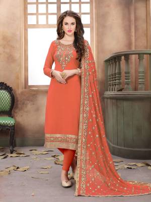 Orange Color Induces Perfect Summery Appeal To Any Outfit, So Grab This Designer Straight Cut Suit In Orange Color Paired With Orange Colored Bottom And Dupatta. Its Top Is Fabricated On Georgette Paired With Santoon Bottom And Chiffon Dupatta. 